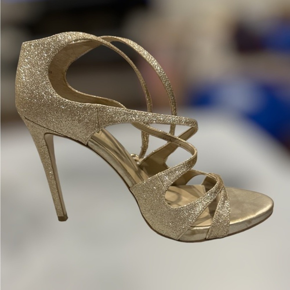 Guess Strappy Sandals Women 8.5M Gold Good Glitter Stiletto High Heel Buckle